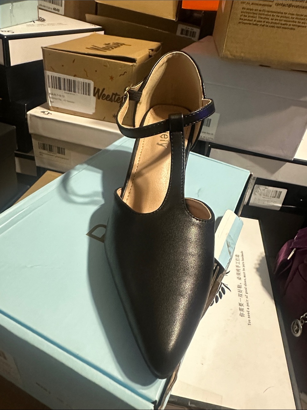 Pointed Black T-Strap Heels with Ankle Buckle